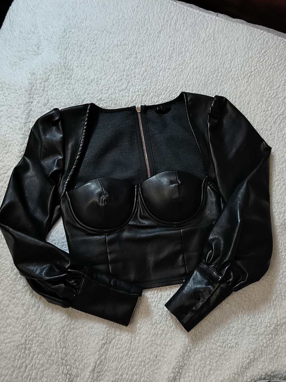 NBD Black Faux Leather Long Sleeve Crop Top